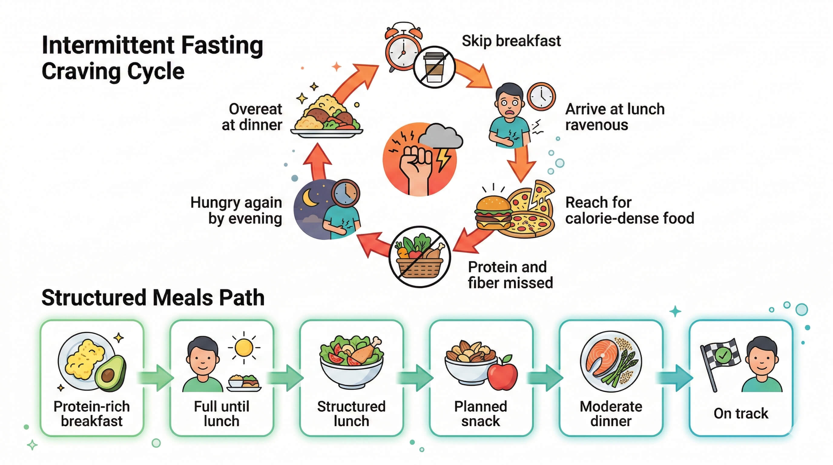 Diagram comparing the intermittent fasting craving cycle with the structured meals positive flow
