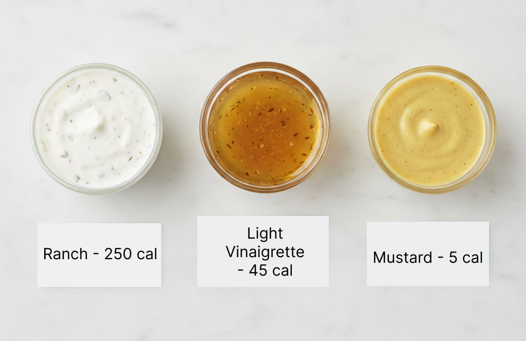 Three salad dressing options compared: ranch at 250 calories, light vinaigrette at 45 calories, and mustard at 5 calories