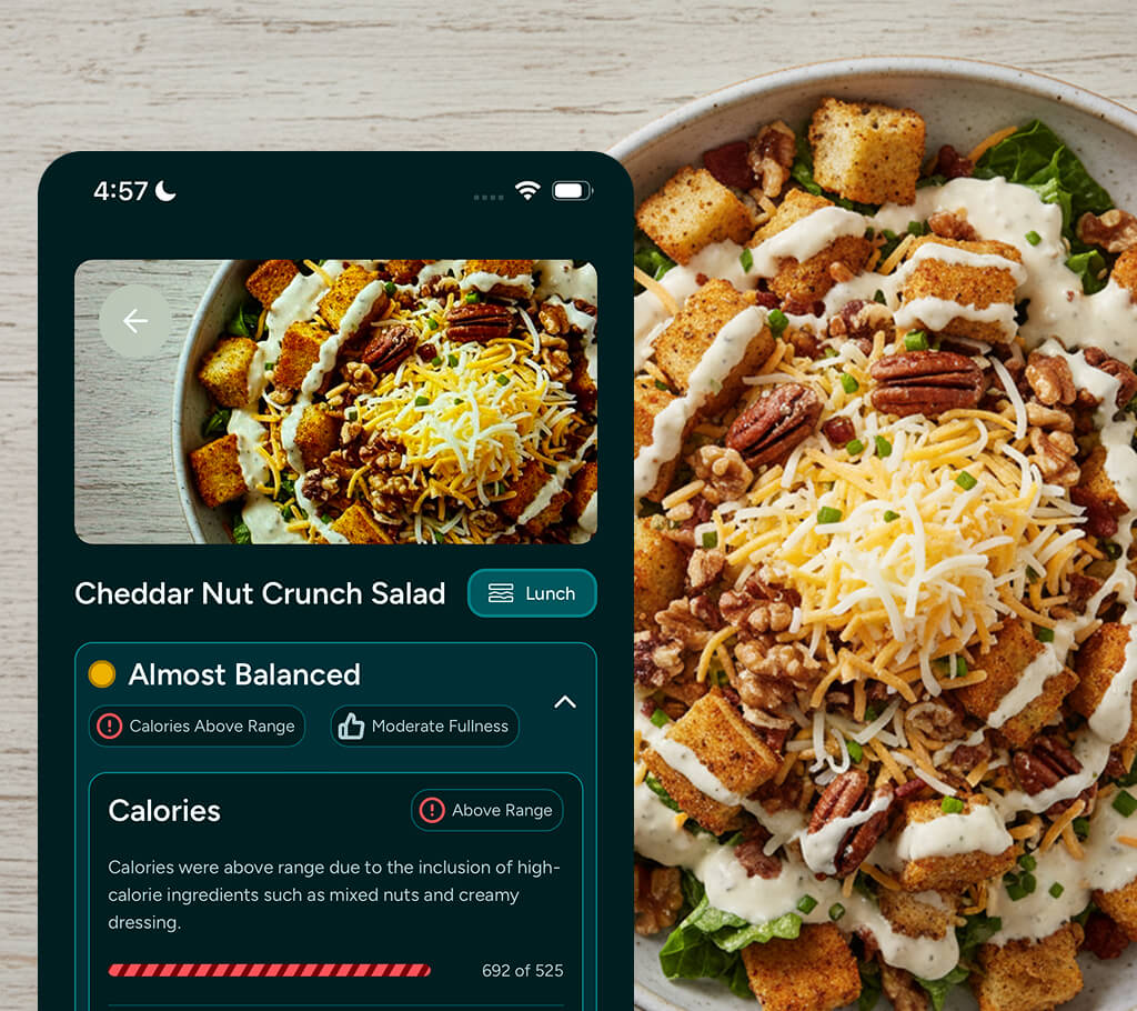 A food log showing a salad estimated at 350 calories but actually containing 680 calories due to dressing, croutons, and cheese