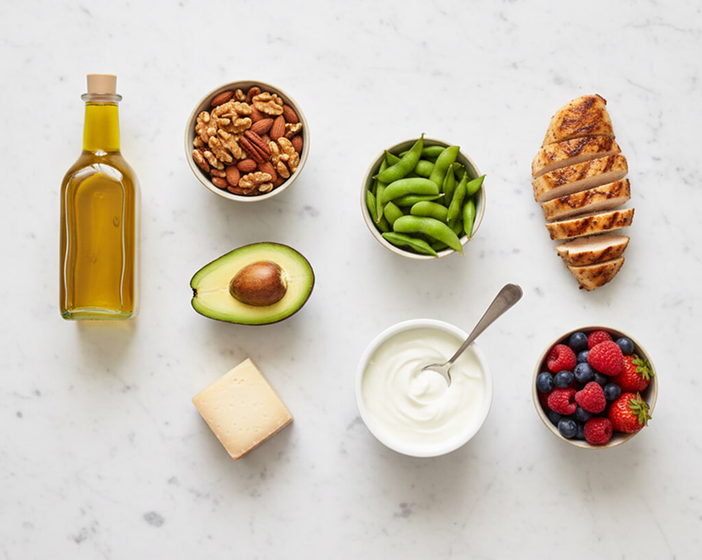 A flat-lay of calorie-dense healthy foods (olive oil, avocado, nuts, cheese) next to lean high-protein alternatives (chicken breast, edamame, Greek yogurt, berries)