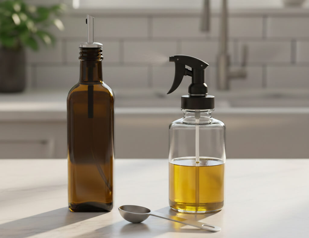 A bottle of olive oil next to cooking spray on a kitchen counter, illustrating the calorie difference between pouring oil and using spray