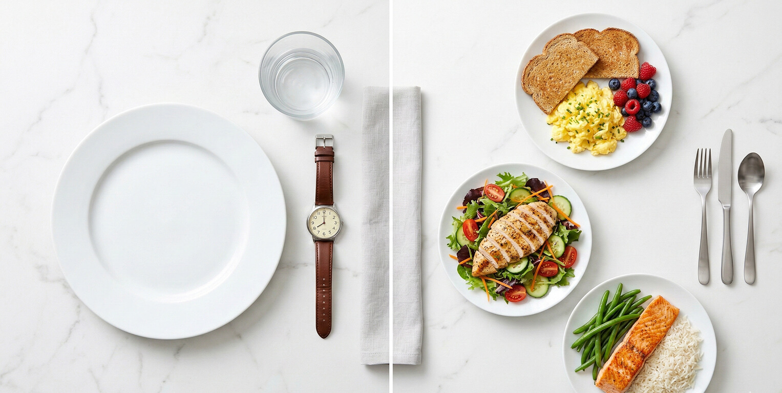 Comparison of intermittent fasting empty plate with clock versus three structured satisfying meals