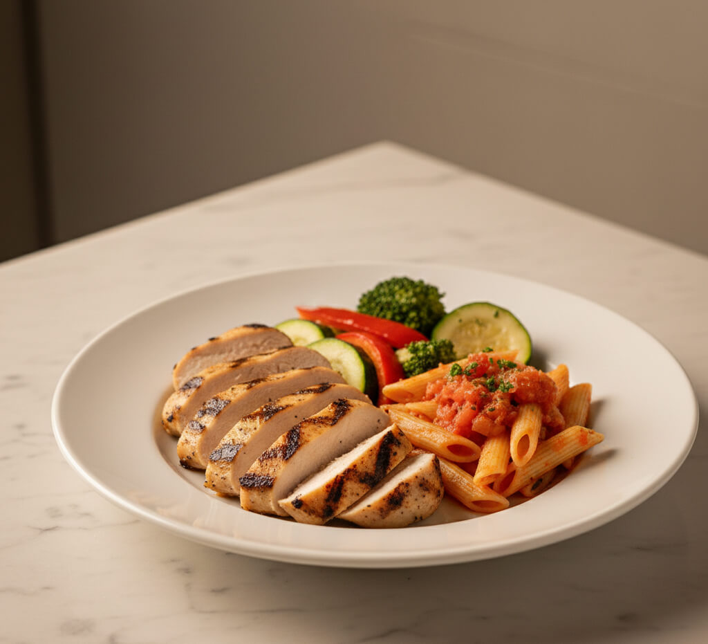 A plated meal with grilled chicken, vegetables, and marinara sauce — high protein, lower fat