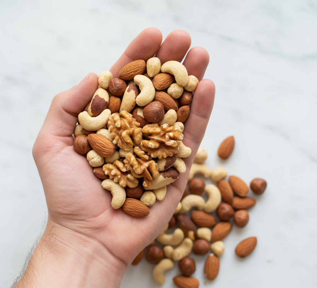 A generous handful of mixed nuts, approximately 400 to 500 calories