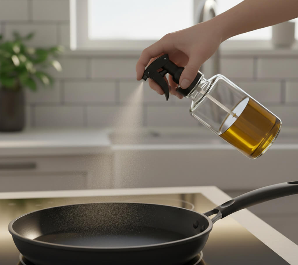 Olive oil being poured generously into a cooking pan
