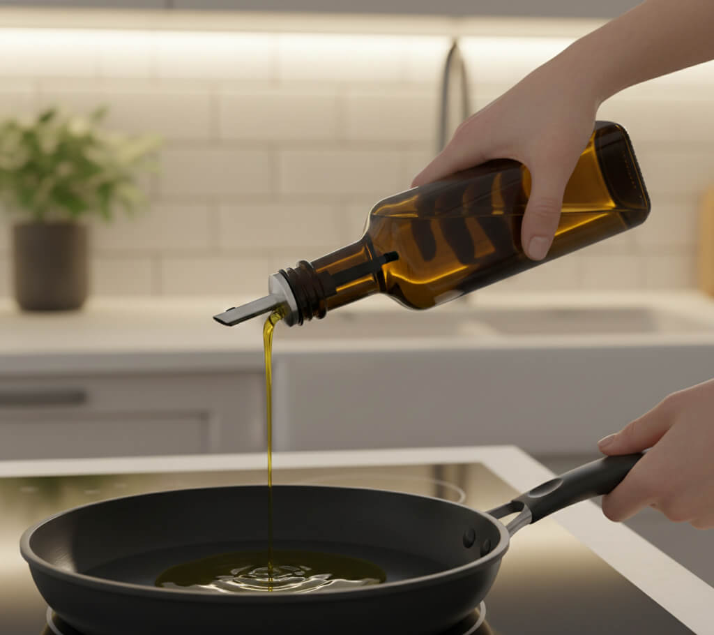Cooking spray being applied lightly to a non-stick pan