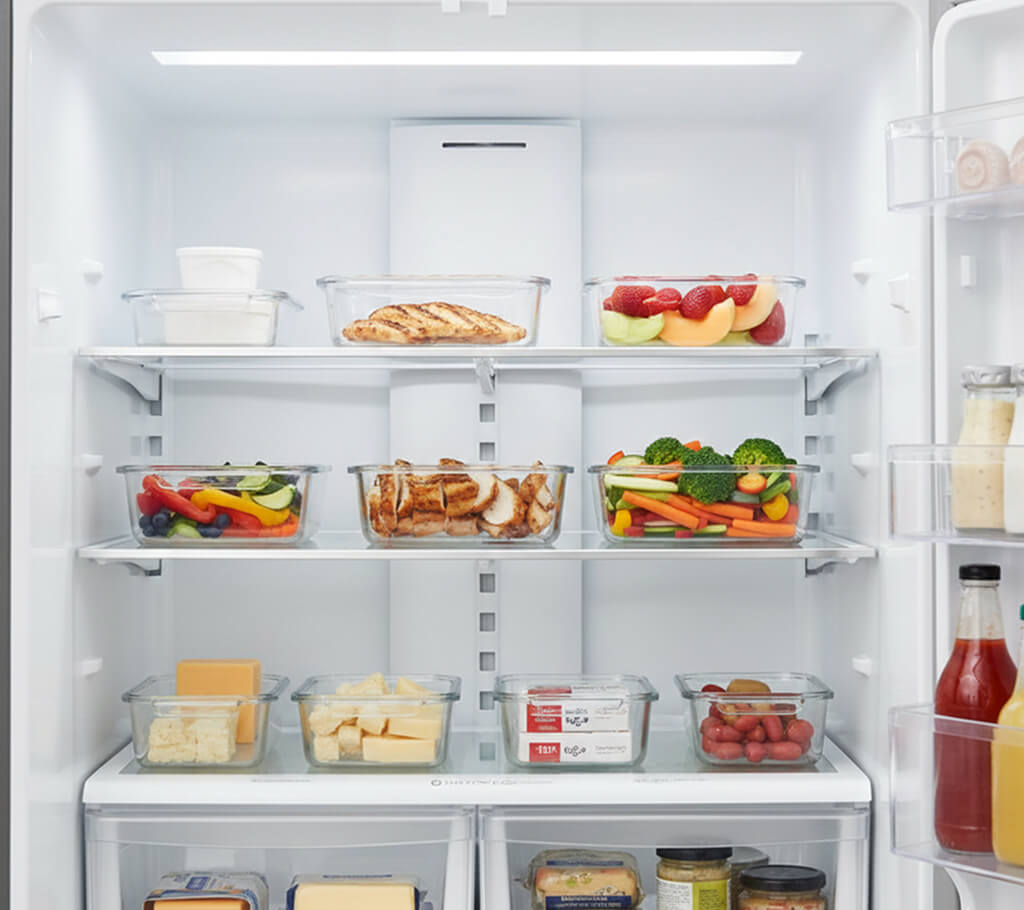 A well-organized fridge with lean proteins, cut fruit, and vegetables at eye level