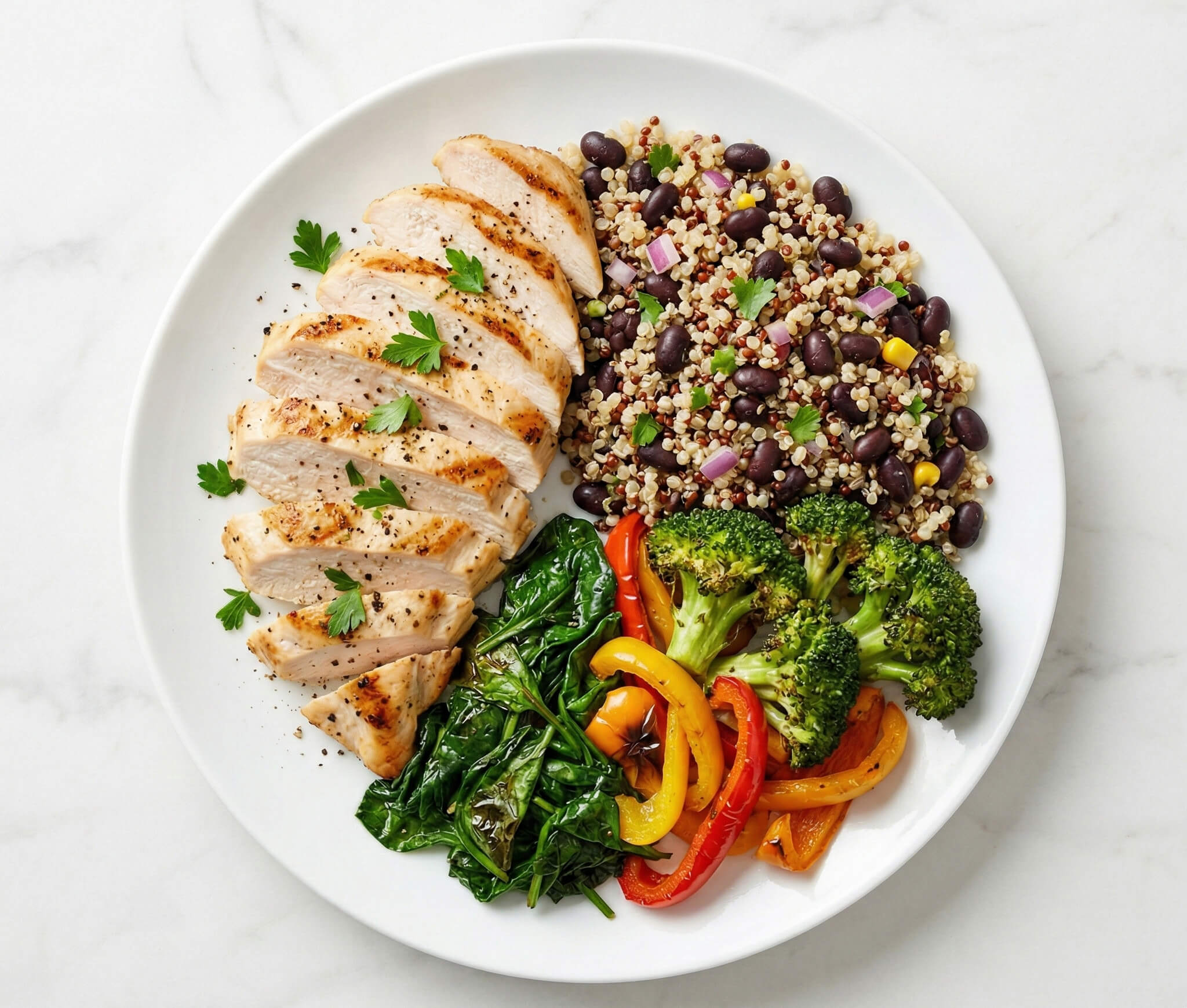 Plate divided into thirds showing protein, fiber-rich carbs, and vegetables for a structured meal