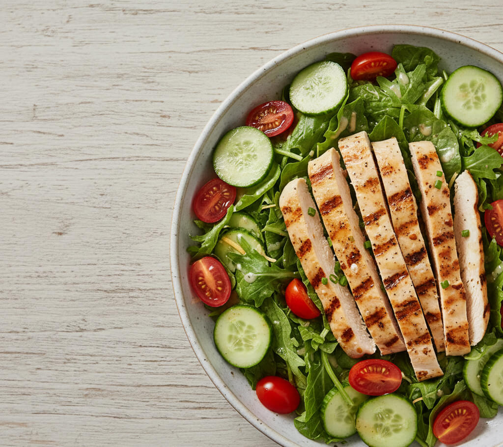 A clean salad with grilled chicken, vegetables, and light vinaigrette