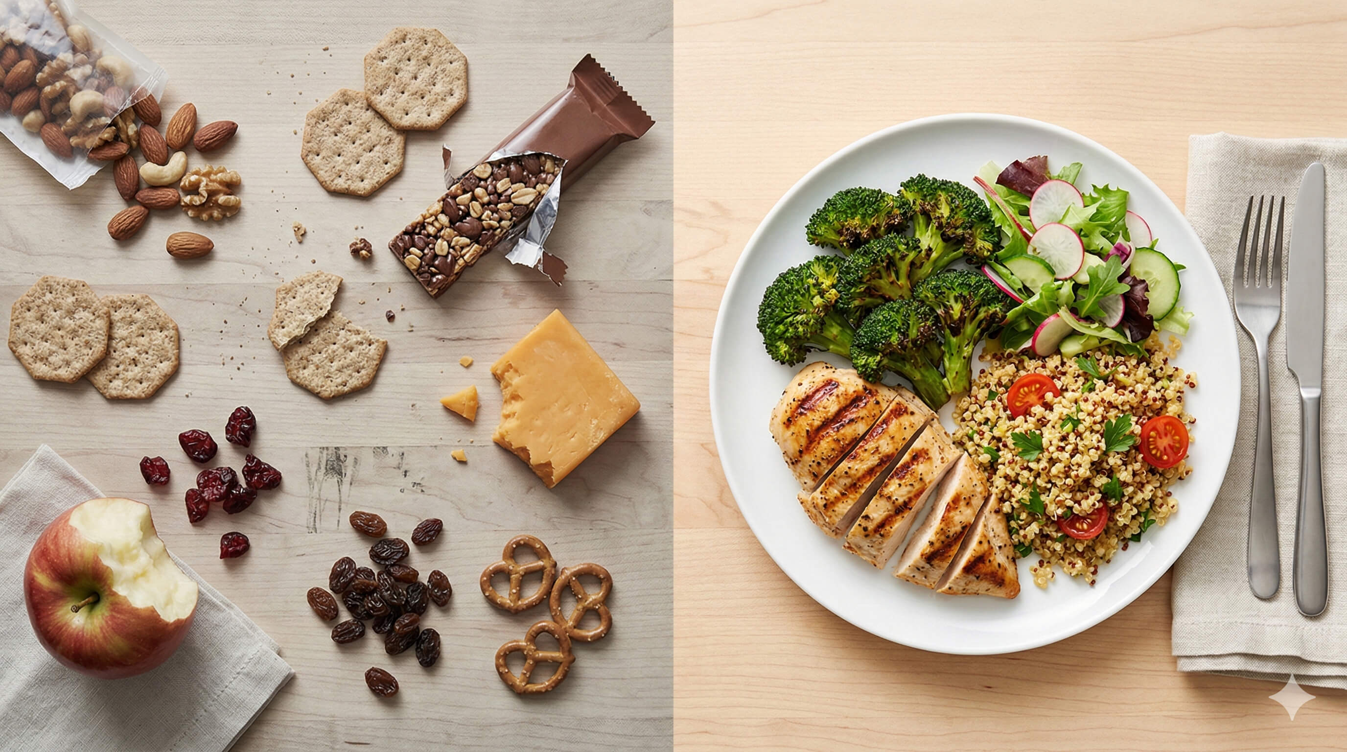 Comparison of scattered small snacks versus one complete structured meal with protein and vegetables
