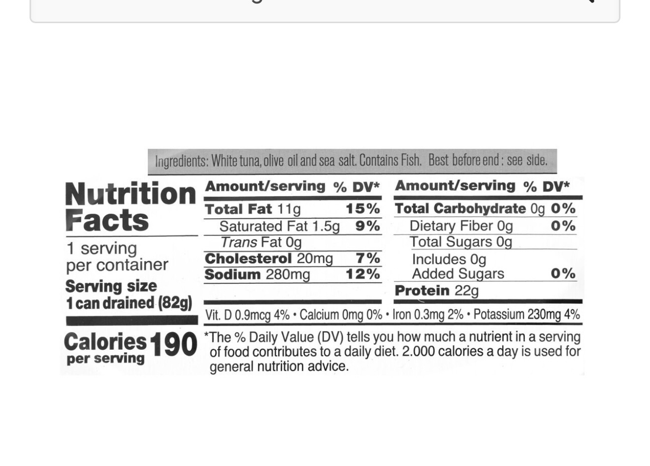 Canned Tuna Nutrition Label