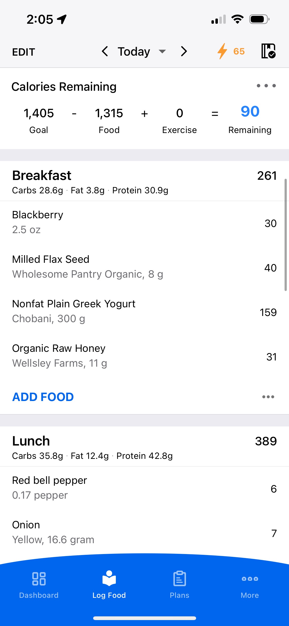 Meal tracker app screenshot