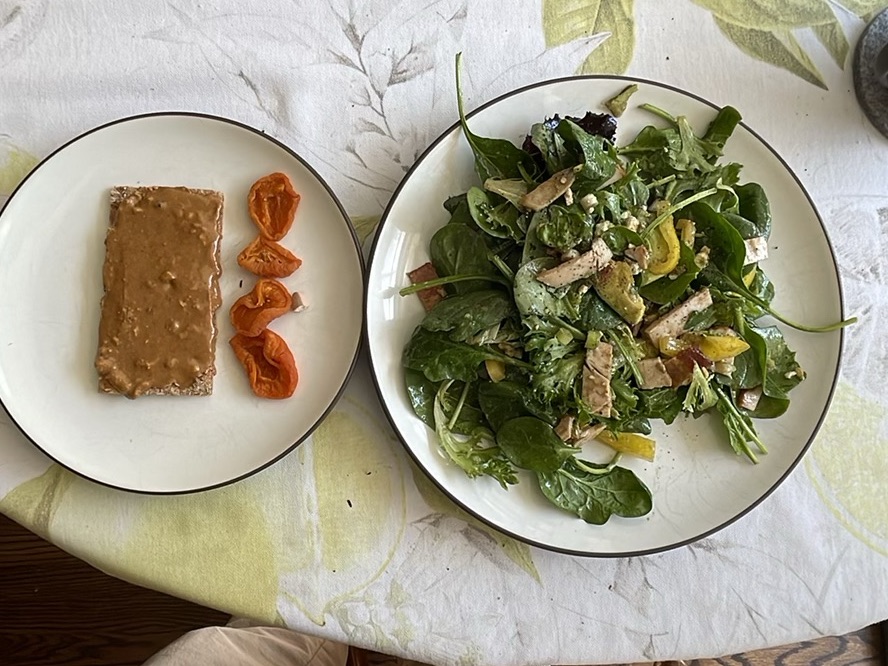 PB Toast, Tomatoes & Chicken Salad — high protein breakfast