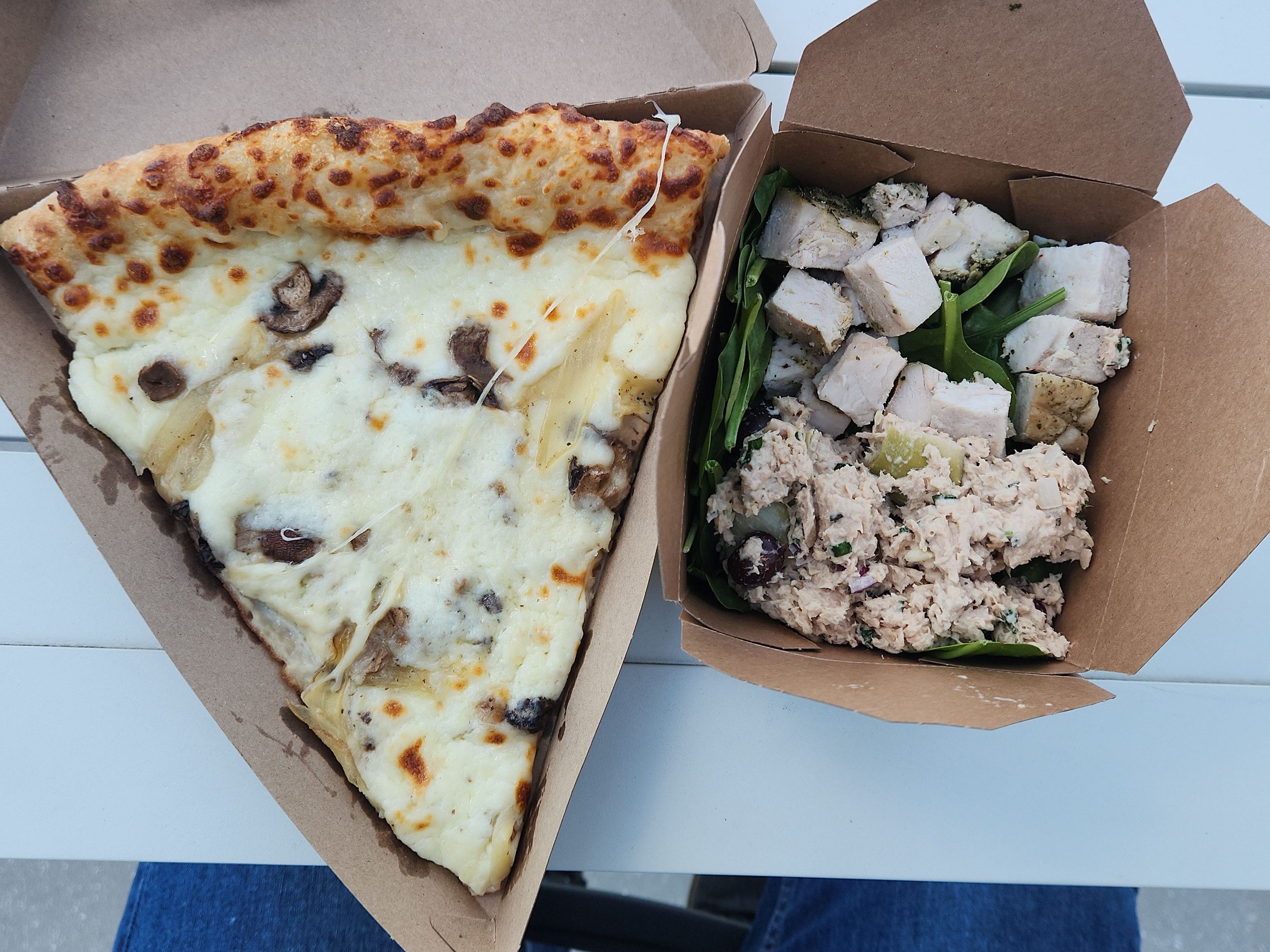 Pizza Slice & Chicken Salad Box — high protein dinner